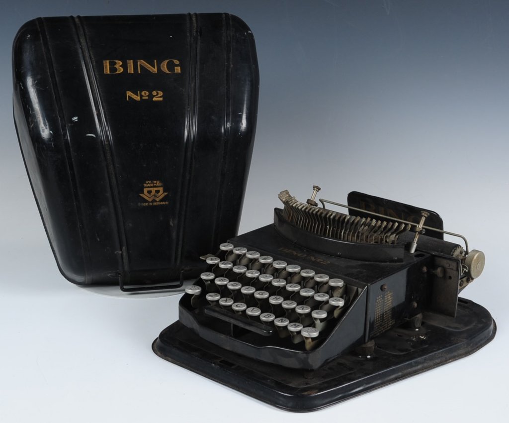 BING NO. 2 TYPEWRITER GERMAN TYPEWRITER CIRCA 1900: Complete with cover. Measures 5.5 x 12 inches.