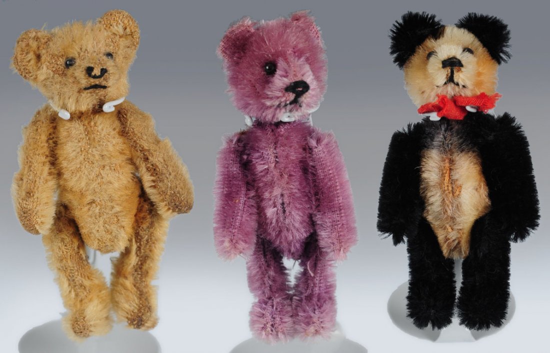 THREE MINIATURE JOINTED TEDDY BEARS: Vintage and modern mohair miniature stuffed animals, unmarked, measure from 2.25 to 3.5 inches.