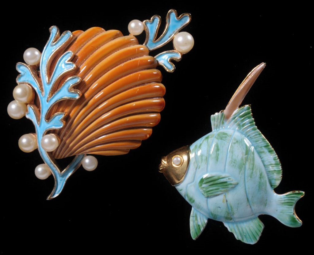 VINTAGE TRIFARI ENAMELED BROOCH, PLUS ANOTHER: Aquatic-themed Trifari brooch with enameling and faux pearls, marked on the back, measures 2.75 inches. Plus an enameled fish brooch, unmarked, measures 2.25 inches.