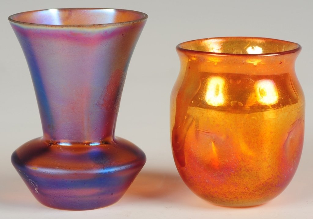 TIFFANY MINIATURE ART GLASS VASE: Miniature dimpled vase signed 'L.C.T.' for Louis Comfort Tiffany and numbered T7878 on the base, measures 2 inches. Plus another miniature gold and iridescent vase, unsigned, measures 2.125 inches. ?W