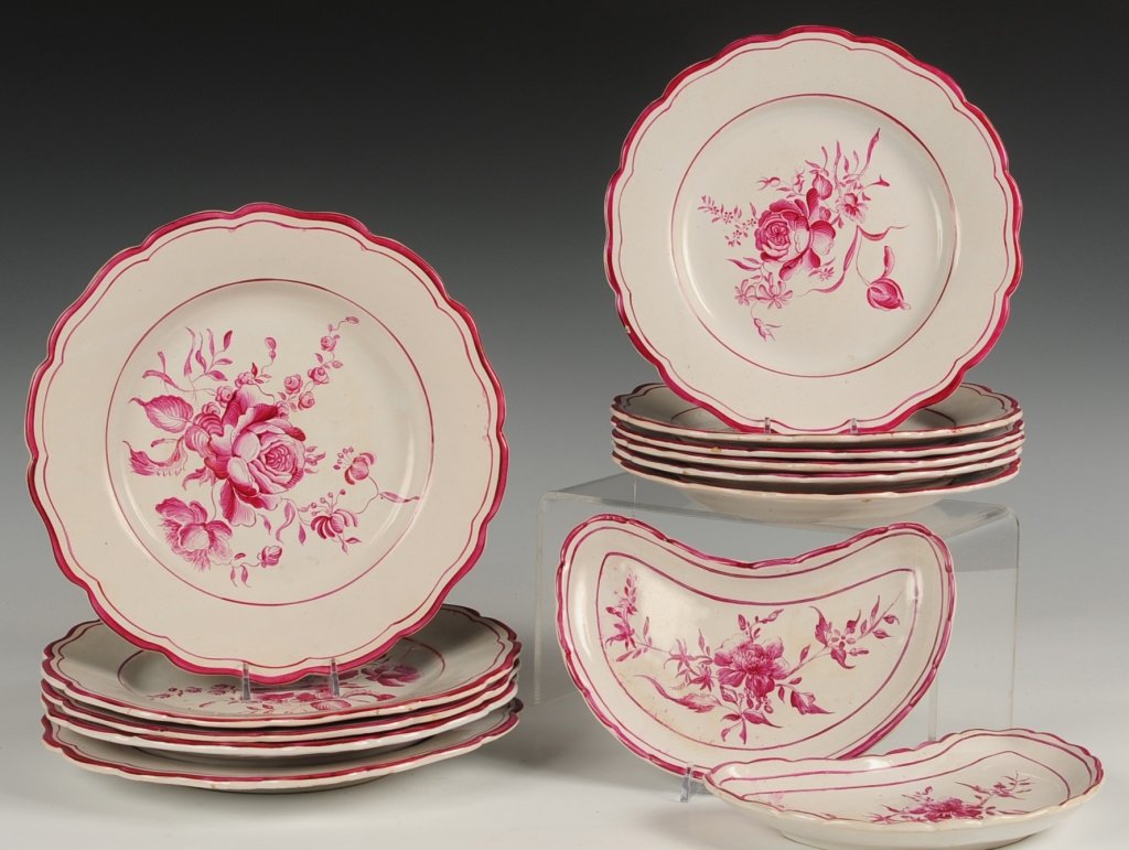 19TH C. PERRIN FRENCH FAIENCE PLATES: Circa 1880s, five 8.75 inch salad plates, five 10 inch dinner plates and two crescent-shaped bone plates, hand-painted red and white glaze, all marked 'VP' on the base. ?We are happy to offer in-house