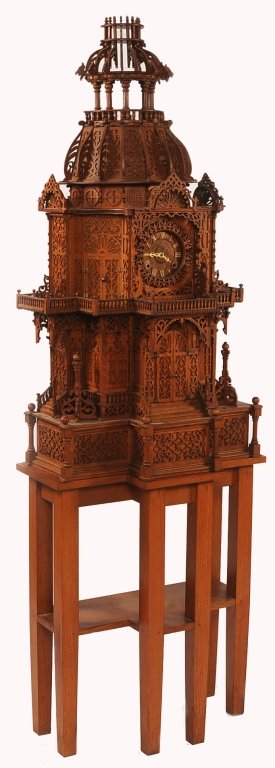 LARGE CIRCA 1900 FRETWORK CLOCK TOWER: Scroll cut oak with a 19th century clock movement and bone numerals. Measures 40 x 24 inches. A few pieces of paperwork are included that indicate it was made between 1903 and 1909. Along with an auct