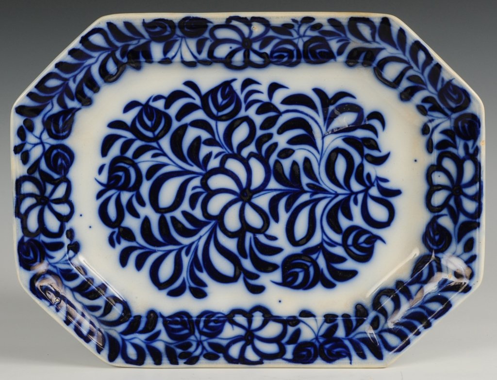 FLOW BLUE PLATTER, 15 INCHES: Unmarked, measures 11.5 x 15 inches. ?We are happy to offer in-house shipping for all but very large or very fragile items. Some international orders may need to be handled by a third party shipper. H