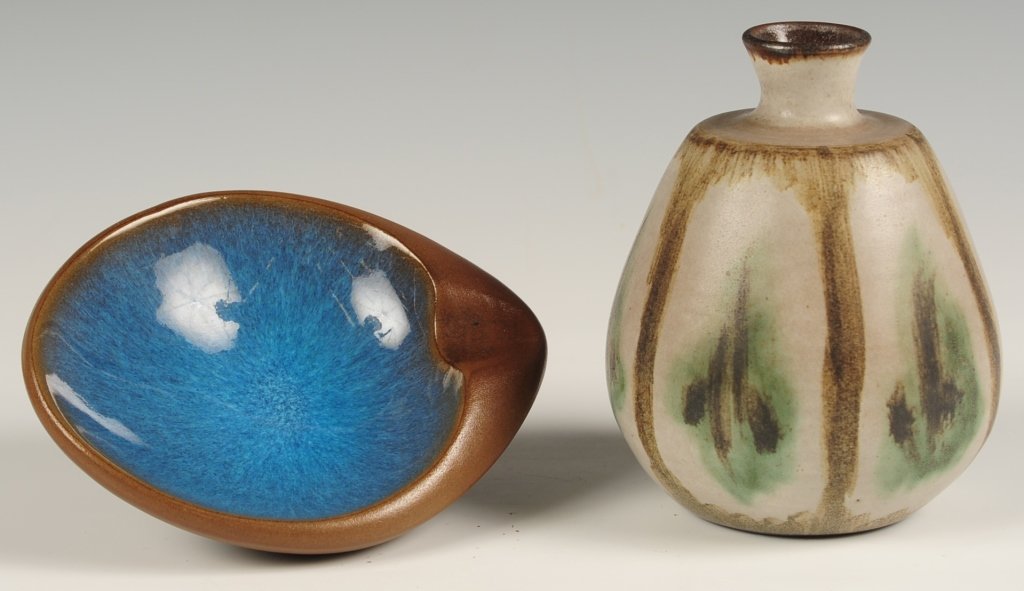 RUPERT DEESE (1924-2010) STUDIO POTTERY - 2 PIECES: The vase measures 6 x 5 inches diameter and the dish is 1.75 x 6 inches at the widest point. Each is impressed with the artist's monogram which is not known. We are happy to offer in-house shipping fo