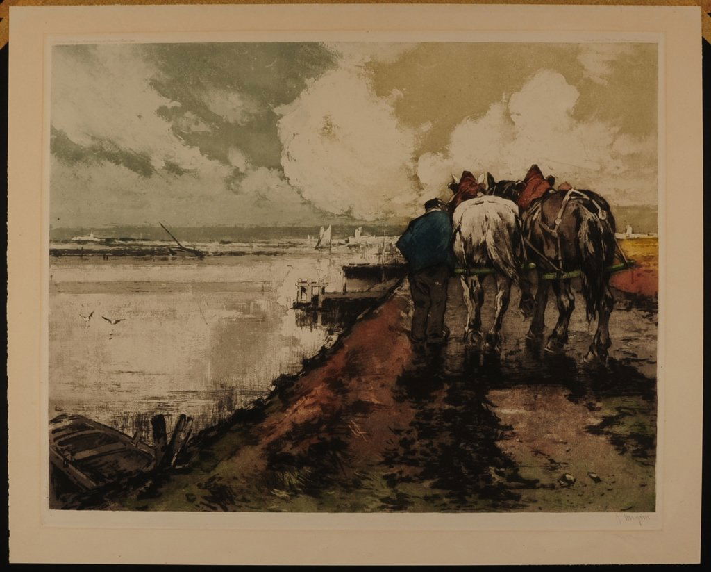 FERDINAND-JEAN LUIGINI (1870-1943) PENCIL SIGNED COLOR: Titled 'In Newport', pencil signed lower right hand margin. Copyright 1926 Ste. Ame. l'Estampe Moderne, Paris upper right hand margin. Sight size measures 19 x 23.75 inches with an overall framed meas