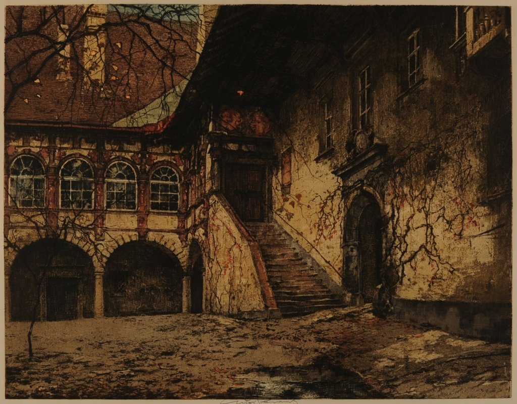 LUIGI KASIMIR (1881-1962) PENCIL SIGNED COLOR ETCHING: Titled 'Schallaburg Castle', pencil signed lower middle margin. Sight size measures 18.5 x 24 inches with an overall framed measurement of 27.25 x 32 inches. ?We are happy to offer in-house shipping f