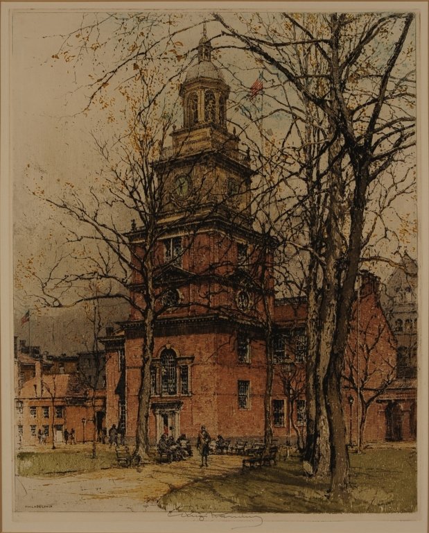 LUIGI KASIMIR (1881-1962) PENCIL SIGNED COLOR ETCHING: Titled 'Philadelphia' in plate, image known as 'Independence Hall'. Pencil signed lower middle margin. Sight size measures 18.5 x 14.5 inches with an overall framed measurement of 28 x 23.25 inches. ?