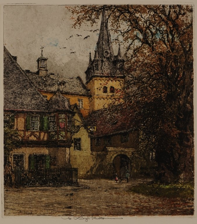 LUIGI KASIMIR (1881-1962) PENCIL SIGNED COLOR ETCHING: Titled 'Oestrich in Rhineland Germany' in plate. Estate signed lower middle margin. Sight size measures 13 x 11.75 inches with an overall framed measurement of 23.25 x 21.25 inches. ?We are happy to o