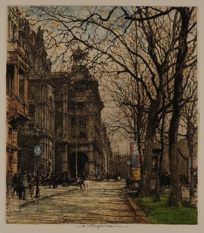LUIGI KASIMIR (1881-1962) PENCIL SIGNED COLOR ETCHING: Titled 'Opera House, Vienna', estate signed lower middle margin. Sight size measures 14.75 x 12.75 inches with an overall framed measurement of 25.75 x 23.50 inches. ?We are happy to offer in-house sh