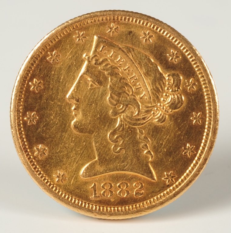 1882S U.S. LIBERTY HEAD FIVE DOLLAR GOLD COIN: 1882 U.S. Liberty Head five dollar gold coin. ?We are happy to offer in-house shipping for all but very large or very fragile items. Some international orders may need to be handled by a third party s