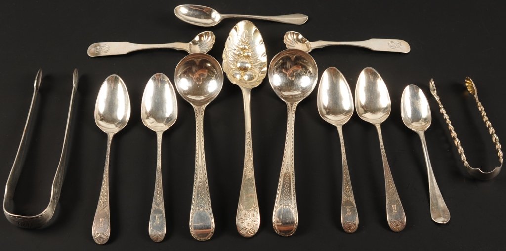 EARLY 19TH C. STERLING SILVER INCLUDING HESTER BATEMAN: Thirteen pieces of sterling spoons and utensils including one Hester Bateman berry spoon, some with monograms, sizes range from 4 to 7.75 inches, total weight 7.1 ozt. ?We are happy to offer in-house