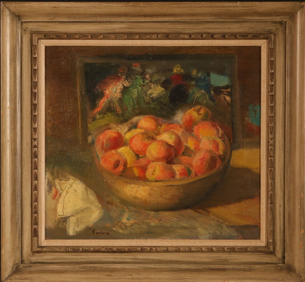 JON CORBINO (1905-1964) OIL ON CANVAS: Titled 'Pink Peaches' verso on the stretcher, signed lower left front, the canvas measures 18 x 20 inches, frame measures 25.5 x 27.5 inches. ?We are happy to offer in-house shipping for all but very 