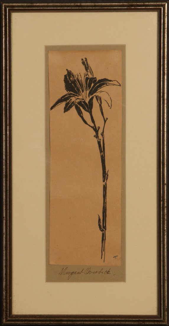 SIGNED BLOCK PRINT ATTRIBUTED TO MARGARET OVERBECK: Potentially attributable to Margaret Overbeck (1863 - 1911), "second oldest of the four Overbeck sisters who founded the Overbeck Pottery studio in Cambridge City, Indiana in 1911." Actual size of the