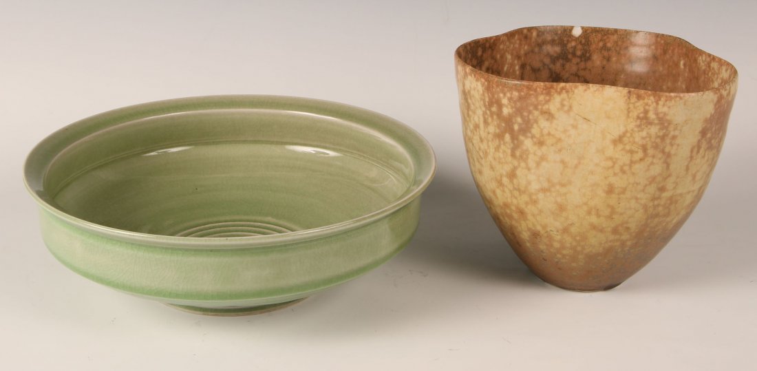 LAURA ANDRESON STUDIO POTTERY - TWO PIECES: To include a 6 inch tri-corn vase with chip at the rim, scratched signature under the base. Plus a 10 inch diameter bowl in celadon type crackle glaze, scratched signature under the base. ​We ar