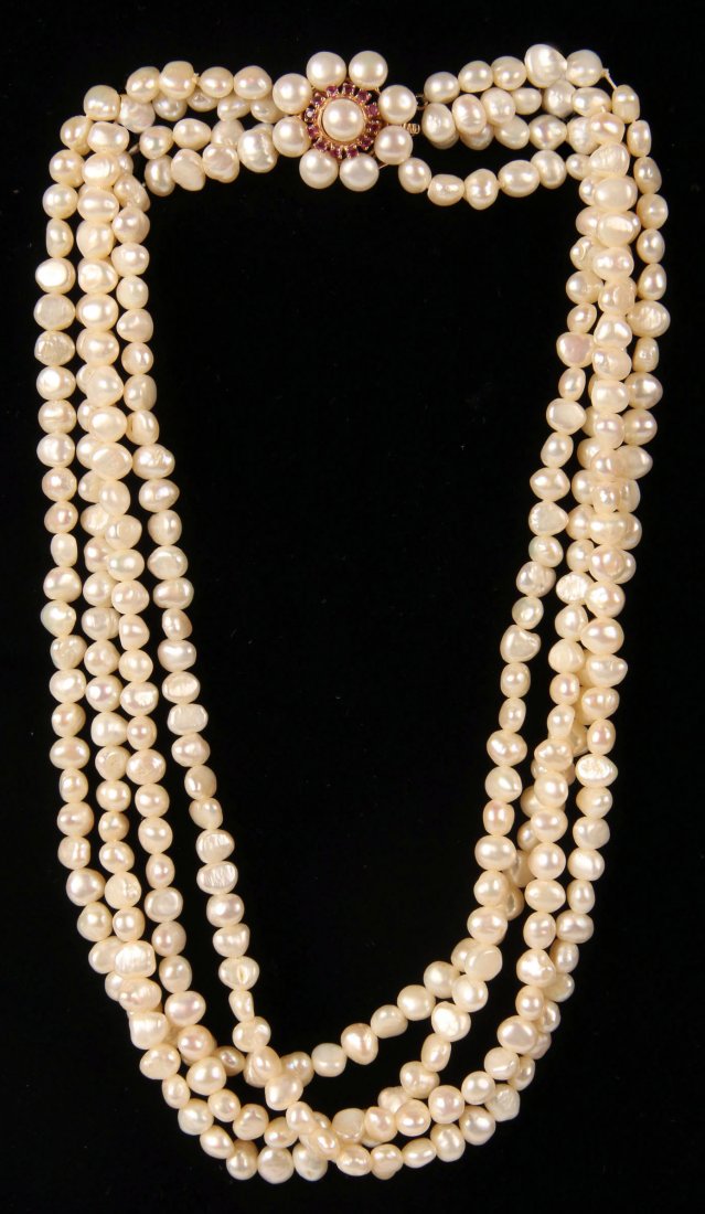FOUR STRAND FRESH WATER PEARL CHOKER WITH JEWELED CLASP: Ruby and pearl clasp, marked 14kt, measures 17 inches.