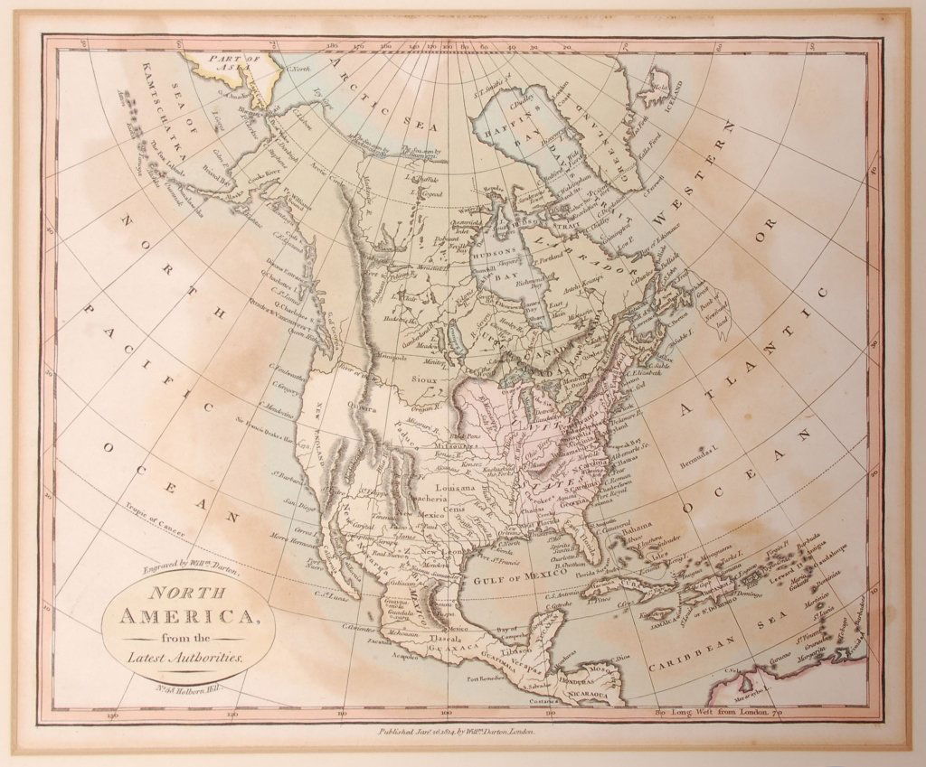 WILLIAM DARTON MAP OF NORTH AMERICA CIRCA 1820: A hand colored copper plate map measuring approximately 14 x 16 inches, frame size 9 x 11 inches.
