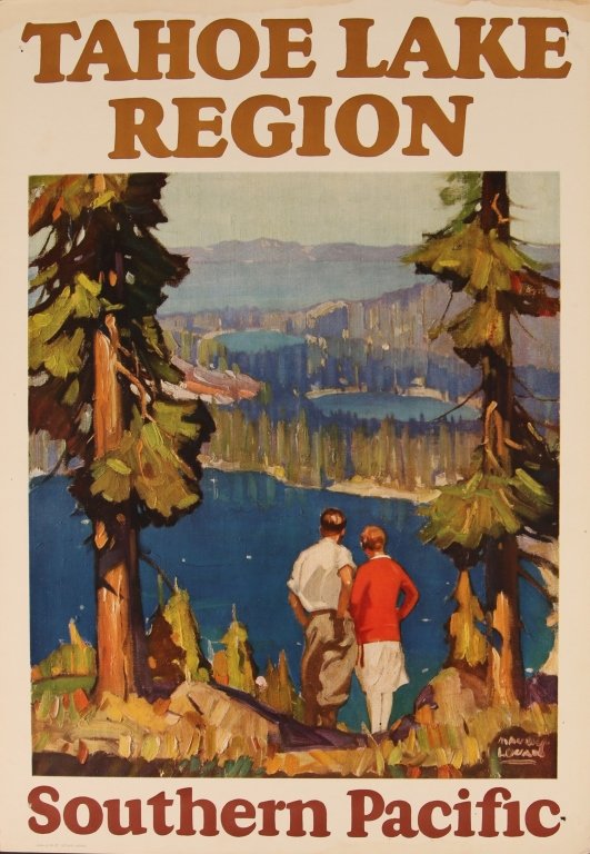 MAURICE LOGAN ILLUSTRATED SOUTHERN PACIFIC RR POSTER: Color offset lithograph poster promoting travel to the Lake Tahoe Region, measures 23 x 16 inches. We are happy to offer in-house shipping for all but very large or very fragile items. Some internatio