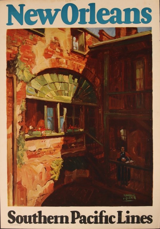 MAURICE LOGAN ILLUSTRATED SOUTHERN PACIFIC RR POSTER: Color offset lithograph poster promoting travel to New Orleans, measures 23 x 16 inches. We are happy to offer in-house shipping for all but very large or very fragile items. Some international orders