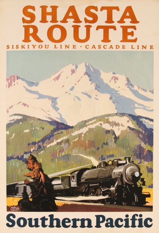 MAURICE LOGAN ILLUSTRATED SOUTHERN PACIFIC RR POSTER: Color offset lithograph poster promoting the Shasta Route, measures 23 x 16 inches. We are happy to offer in-house shipping for all but very large or very fragile items. Some international orders may 