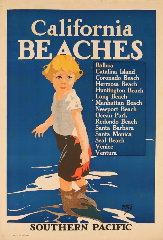 RARE VERSION MAURICE LOGAN CALIFORNIA BEACHES RR POSTER: Screen printed 1920s Southern Pacific poster with child in the surf lists California Beaches, measures 23 x 16 inches. We are happy to offer in-house shipping for all but very large or very fragile it
