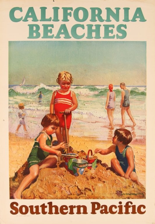 SOUTHERN PACIFIC RR CALIFORNIA BEACHES TRAVEL POSTER: Color offset lithograph posterpromoting California Beaches, measures 23 x 16 inches. We are happy to offer in-house shipping for all but very large or very fragile items. Some international orders may