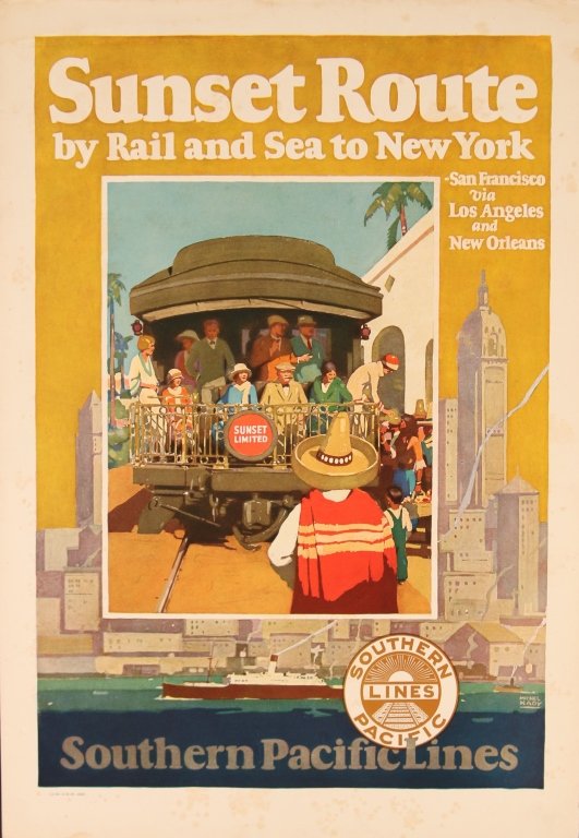 MICHEL KADY 1928 SOUTHERN PACIFIC RAIL AND SEA POSTER: Color offset lithograph poster promoting the Southern Pacific Lines Sunset Route and steamship service "by Rail and sea to New York". Illustrated by Michel Kady. Measures 23 x 16 inches. We are happy 