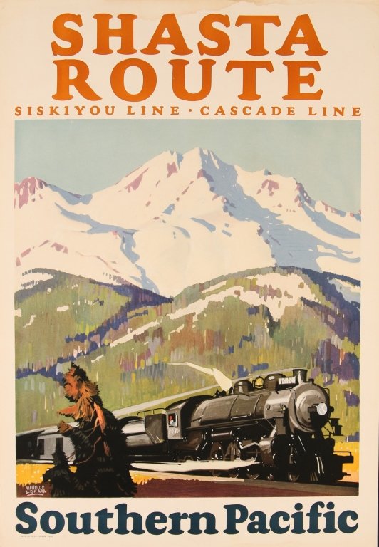 MAURICE LOGAN ILLUSTRATED SOUTHERN PACIFIC RR POSTER: Color offset lithograph poster promoting their Shasta Route and lines, measures 23 x 16 inches. We are happy to offer in-house shipping for all but very large or very fragile items. Some international