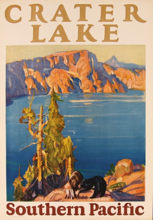 MAURICE LOGAN ILLUSTRATED SOUTHERN PACIFIC RR POSTER: Color offset lithograph poster featuring a Maurice Logan illustration of Crater Lake, measures 23 x 16 inches. We are happy to offer in-house shipping for all but very large or very fragile items. Som