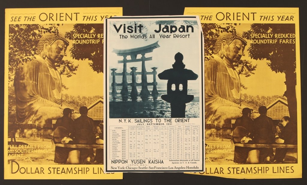 1930s SOUTHERN PACIFIC RAILROAD TRAVEL POSTER: Two mono-tone lithograph posters on colored stock featuring for travel to Asia, measure 23 x 16 inches. Plus a mono-tone poster for Nippon Yusen Kaisha measures 21 x 13.5 inches. We are happy to offer