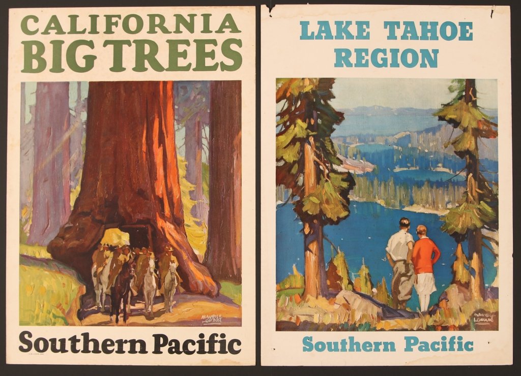 MAURICE LOGAN ILLUSTRATED SOUTHERN PACIFIC POSTERS: Two color offset lithograph posters featuring California Big Trees and Lake Tahoe, measure 23 x 16 inches. We are happy to offer in-house shipping for all but very large or very fragile items. Some in