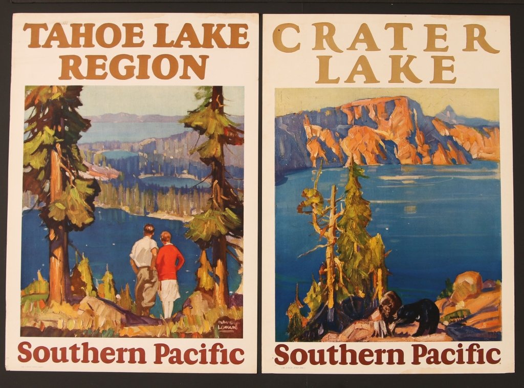 MAURICE LOGAN ILLUSTRATED SOUTHERN PACIFIC TRAVEL: Two color screen print and offset lithograph posters featuring Crater Lake and Tahoe, measure 23 x 16 inches. We are happy to offer in-house shipping for all but very large or very fragile items. Some