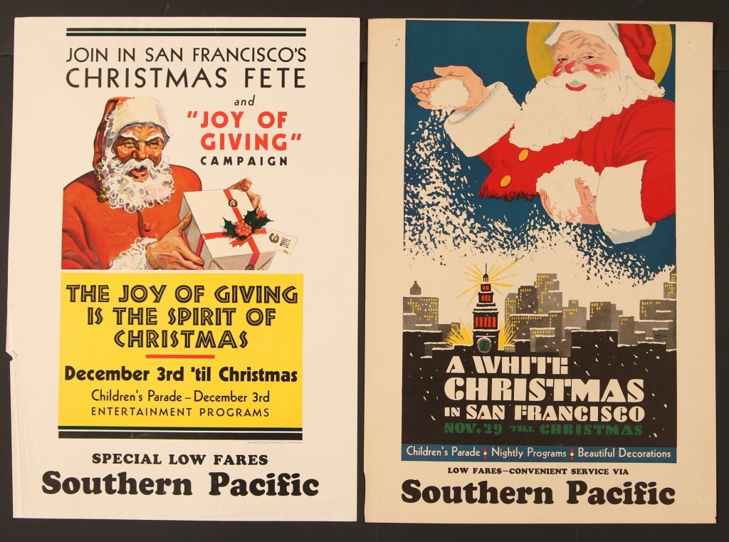 SOUTHERN PACIFIC RAILROAD TRAVEL POSTERS W/SANTA: Two color screen print and offset lithograph posters featuring Santa Claus in San Francisco, measure 23 x 16 inches. We are happy to offer in-house shipping for all but very large or very fragile item
