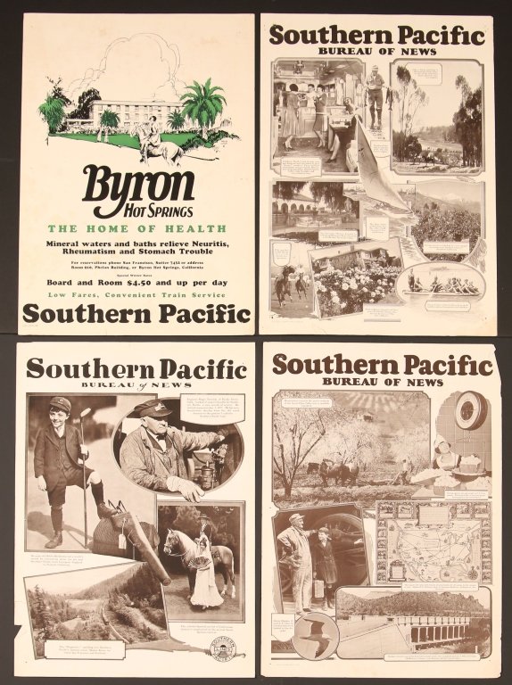 THREE 1930s SOUTHERN PACIFIC RAILROAD TRAVEL POSTERS: Three mono and one two color offset lithograph posters featuring Bureau of News and Byron Hot Springs, measure 23 x 16 inches each. We are happy to offer in-house shipping for all but very large or ve