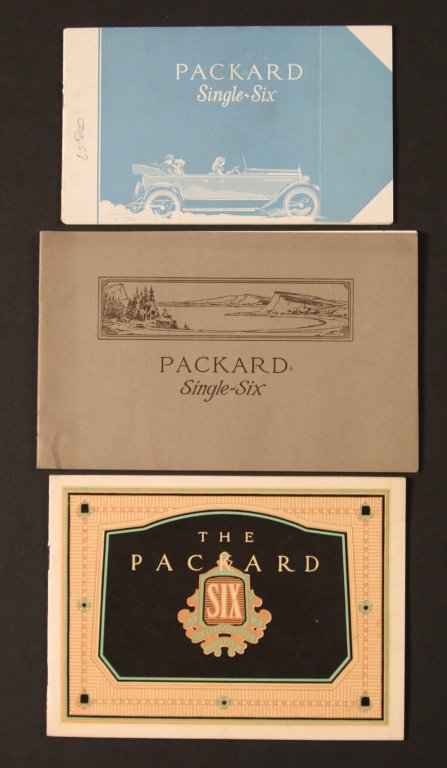 THREE PACKARD CAR SALES BOOKLETS: A full-color illustrated sales booklet for The Packard Six featuring Sedan, Sedan Limousine, Club Sedan, Coupe, Touring, Phaeton and Runabout models. Plus two sales booklets for the Packard Single-Six