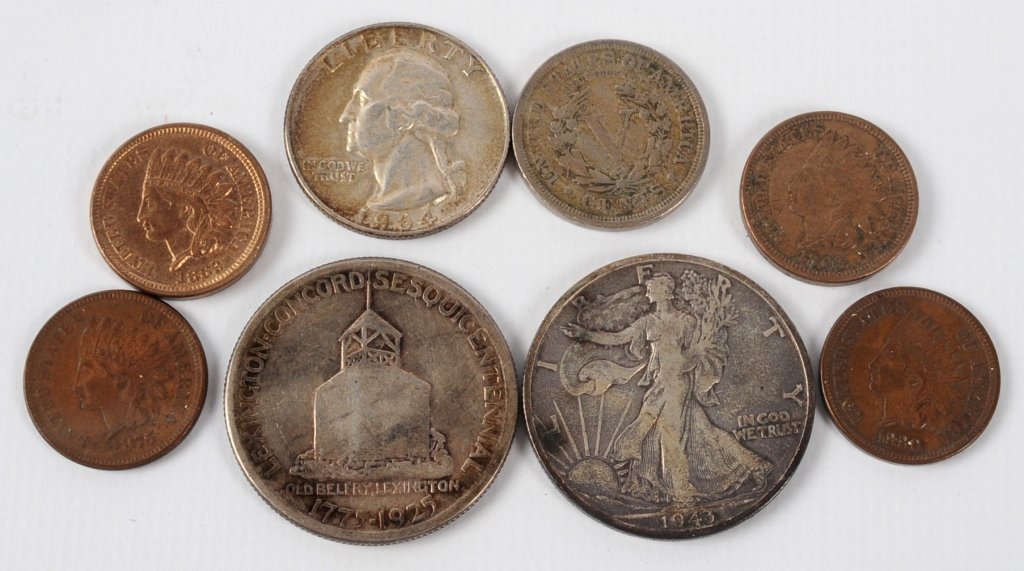 ASSORTED 19TH/20TH CENTURY US COINS: 17 Indian Head Cents from 1860s to 1890s. Walking Liberty Half Dollar 1943-S. 25 Cent - 1964. Patriot Half Dollar 1925. Liberty Head Nickel 1912. Seated Half Dime, 1872 and 2 from 1849. Flying Eagle 1