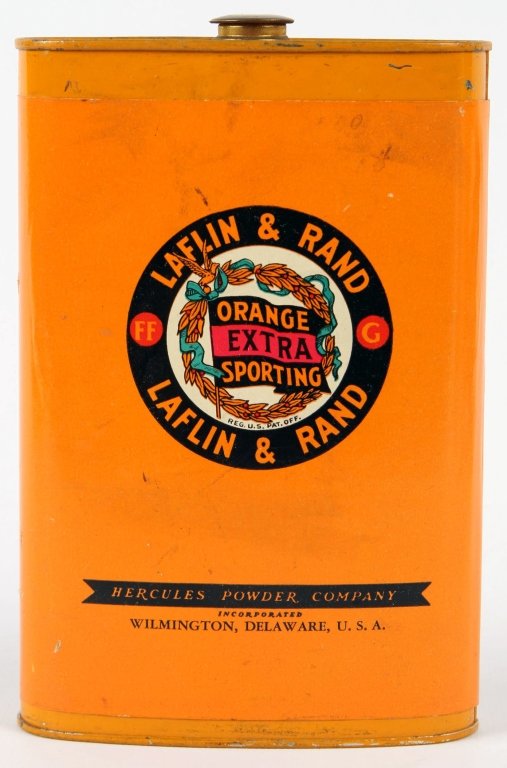VINTAGE LAFLIN & RAND GUN POWDER TIN: Yellow painted tin with an applied paper label, threaded cap, about 1/4 full of powder, measures 6.5 x 4 inches. We are happy to offer in-house shipping for all but very large or very fragile items. S