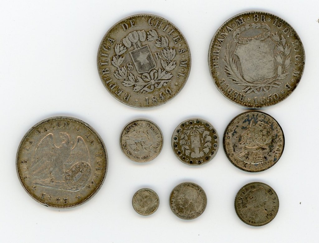 NINE 19TH/20TH CENTURY COINS, LATIN AMERICA: Guatemala 1/4 Real 1894. Panama 2 1/2 Centesimos 1904 and 1/2 Balboa 1953. Peru 8 Reales 1850, 1 Dinero 1864. Chile 8 Reales 1849, 1 Real (with small holes drilled inside rim), Peso 1855. Venezuela 25