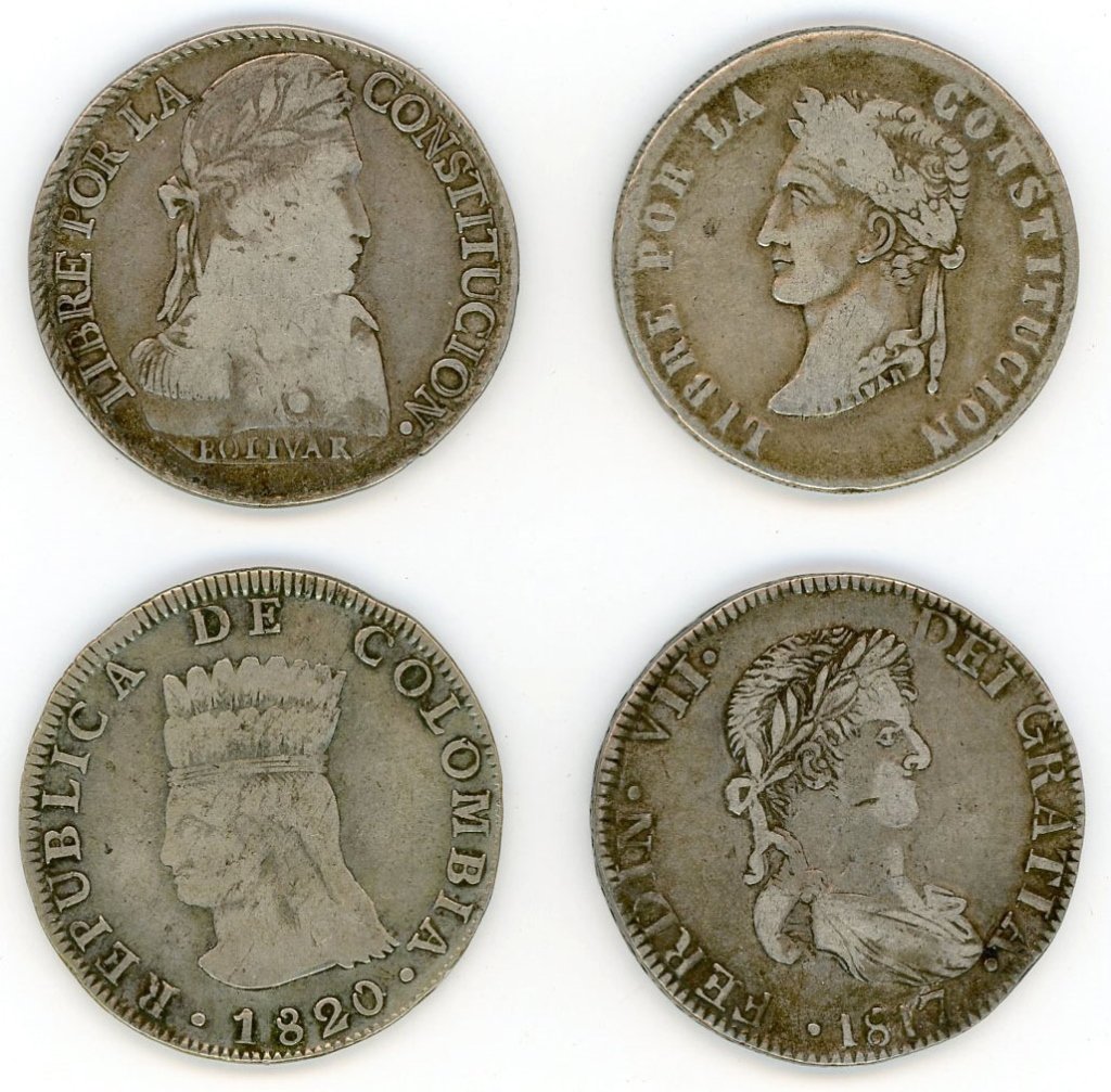 FOUR 19TH CENTURY COINS, LATIN AMERICA: Bolivia 8 Reales coins, 1827, 1852. Mexico 8 Reales 1817. Columbia 8 Reales 1820. Circulated condition. We are happy to offer in-house shipping for all but very large or very fragile items. Some inter