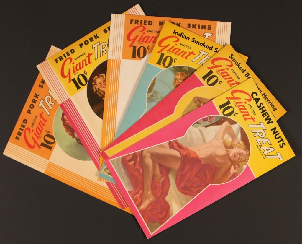 RARE 'GIANT TREAT' ADVERTISING WITH PIN-UP GIRLS: Six cardstock advertising boards for Giant Treat smoked salmon, boneless herring, cashews and fried pork skins that also happen to feature nude pin up girls! Measure 14 x 7.5 to 14 x 10 inches. We are