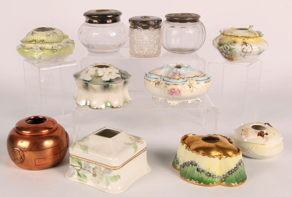 COLLECTION OF MORE THAN 200 ANTIQUE HAIR RECEIVERS: More than 200 examples include hand painted Nippon, RS Germany, milk glass, Royal Roudlstadt, French porcelain, Austrian, Noritake, celluloid, Bavarian, Royal Bayreuth, Roseville Pottery Medallion, dr