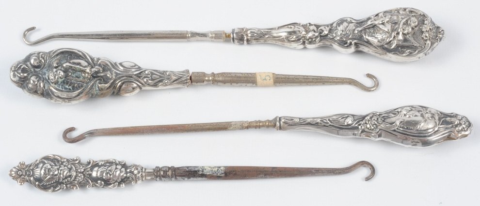 LOT OF ART NOUVEAU STERLING HANDLE BUTTON HOOKS: Four antique button hooks with weighted sterling handles, all are marked sterling, measure from 6.75 to 8.25 inches. This lot is not from the Mundwyler-Moulthrop estate. We are happy to offer in-house