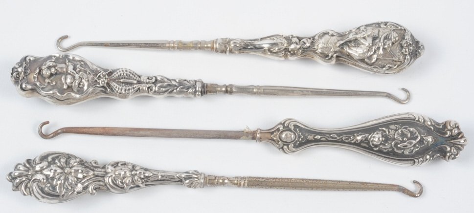LOT OF ART NOUVEAU STERLING HANDLE BUTTON HOOKS: Four antique button hooks with weighted sterling handles, all are marked sterling, measure from 7.5 to 8.25 inches. This lot is not from the Mundwyler-Moulthrop estate. We are happy to offer in-house 