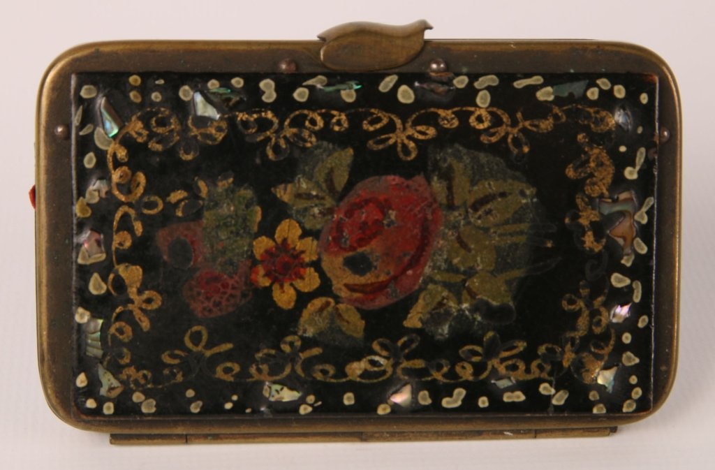 VICTORIAN PAPIER MACHE COIN PURSE: Measures 2.25 x 3.75 inches. We are happy to offer in-house shipping for all but very large or very fragile items. Some international orders may need to be handled by a third party shipper. Handling a
