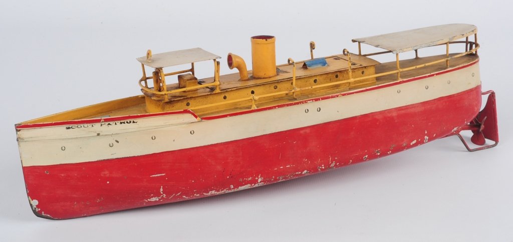 IVES 'SCOUT PATROL' TOY BOAT: Marked on the bow, one life boat is present (not pictured), measures 13 x 4 inches. We are happy to offer in-house shipping for all but very large or very fragile items. Some international orders may 