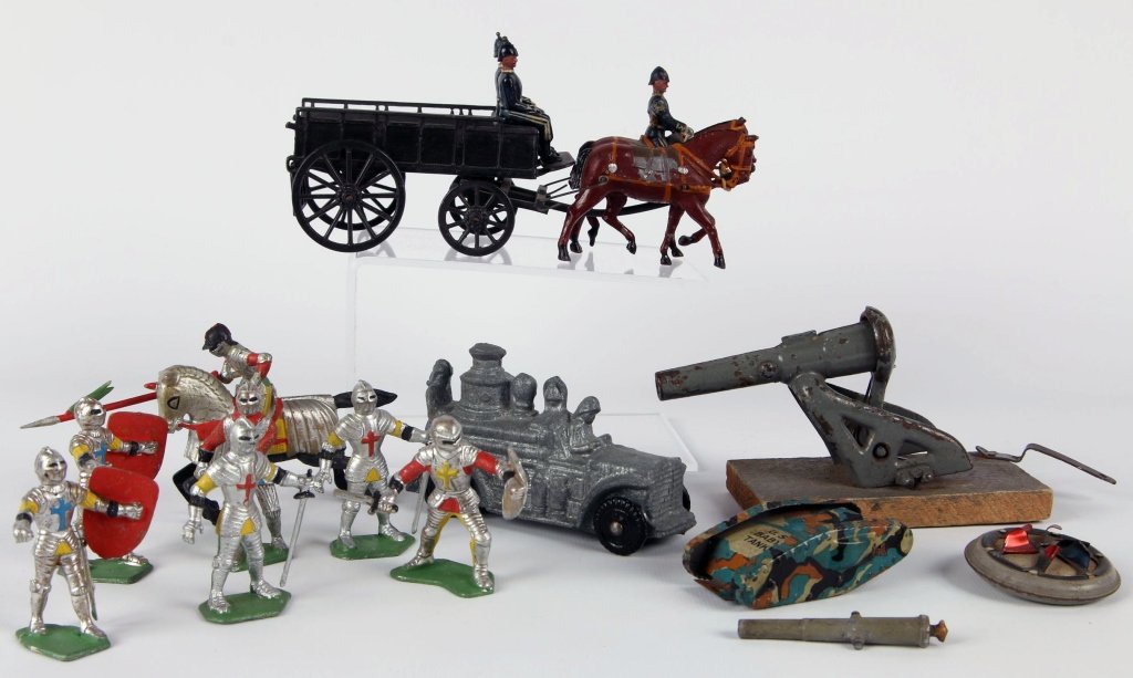LARGE LOT OF VINTAGE AND ANTIQUE TOYS: Britains Ltd. horse and wagon set, marked on the base, measures 7 inches, good noted chips to the paint and one soldier is missing the finial on his helmet. Animate Toys tin litho 'U.S. Baby Tank', pa