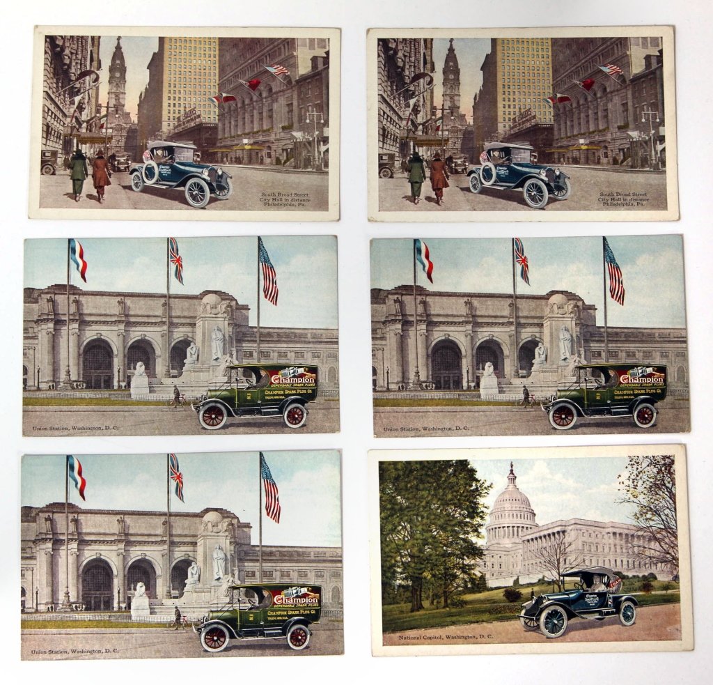 SIX CHAMPION SPARK PLUGS ADVERTISING POSTCARDS: Early 20th century. We are happy to offer in-house shipping for all but very large or very fragile items. Some international orders may need to be handled by a third party shipper. Handling and materi