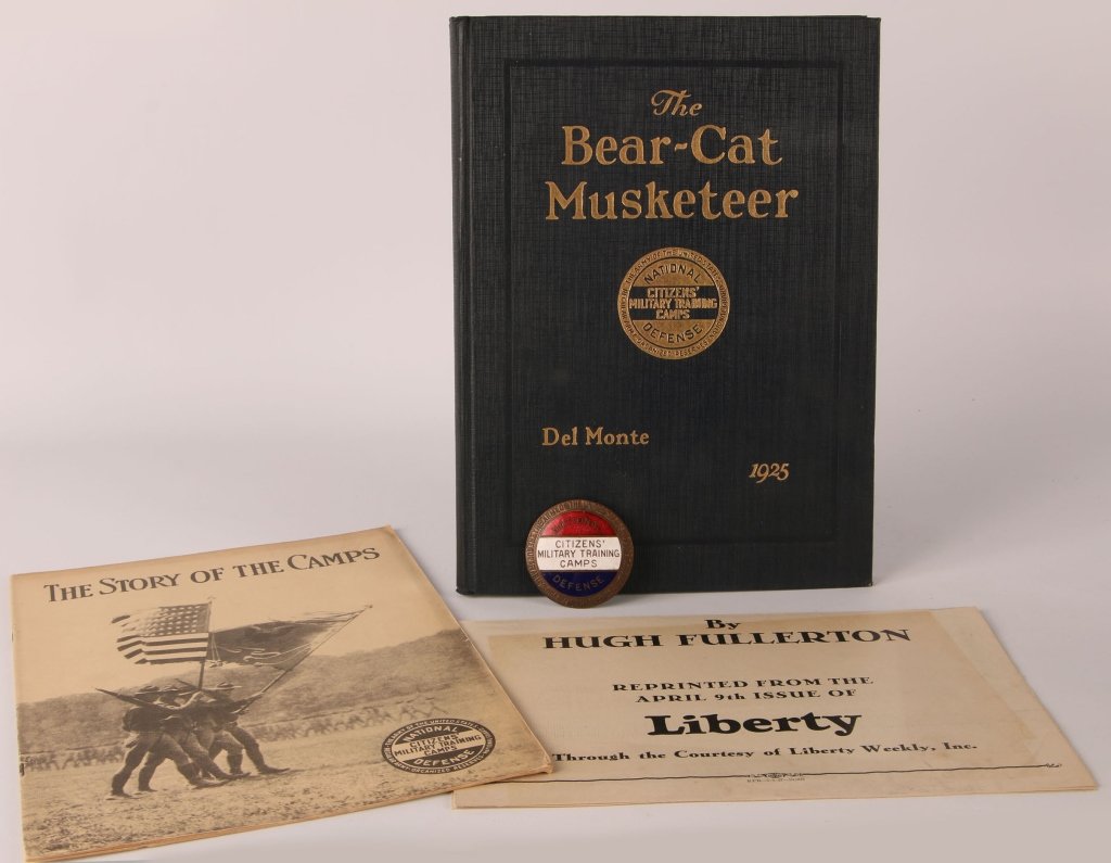 1920s CITIZENS' MILITARY TRAINING CAMPS EPHEMERA: Includes 'The Bear-Cat Musketeer' 1925 yearbook, 'The Story of the Camps' booklet, a brochure and an enameled pin measuring 2 inches. Citizens' Military Training Camps (CMTC) were held annually each s