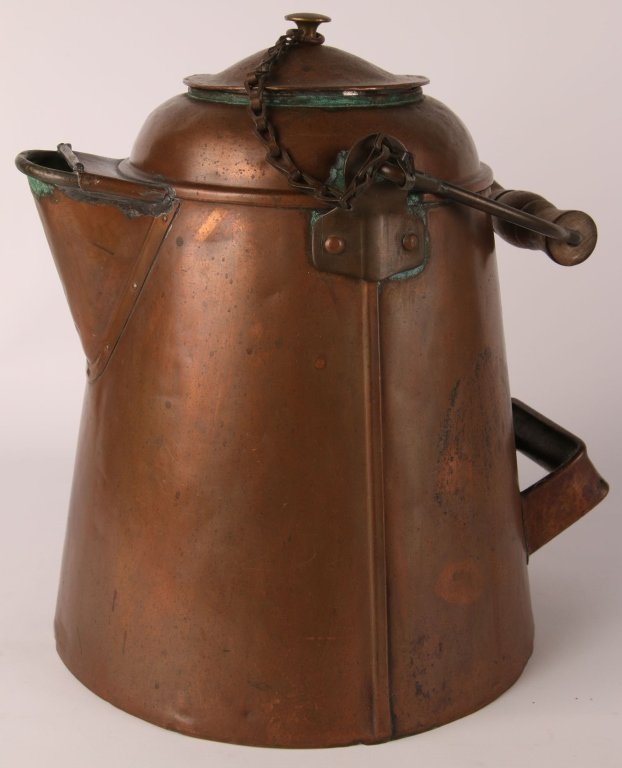 VERY LARGE ANTIQUE COPPER COFFEE POT: Chained lid, wooden bail handle, measures 12.5 x 9 inches. We are happy to offer in-house shipping for all but very large or very fragile items. Some international orders may need to be handled by a t