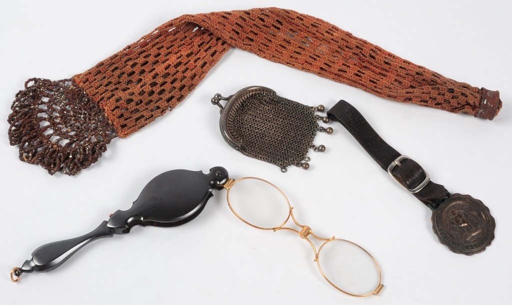 ANTIQUE LORGNETTE, ROBBINS CO. WATCH FOB, PURSES: Antique spring-loaded lorgnette with a push button release, measures 5 inches folded; a Robbins Co. Yosemite National Park watch fob, marked on the back, monogrammed and dated 1947; a miniature French