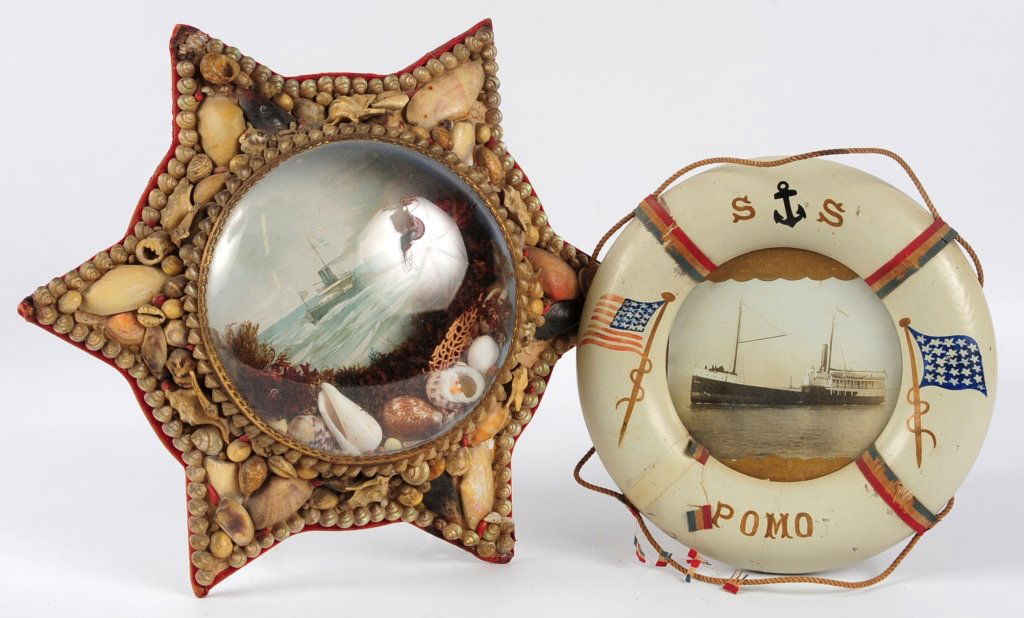 CALIFORNIA COAST SHIP SS POMO SOUVENIR WITH SHELL ART: A painted life preserver form wood frame with ribbons and a period photograph of a ship, presumably the SS Pomo. Measurement of 8 inches diameter. Plus a Victorian six pointed star shape shell art dio